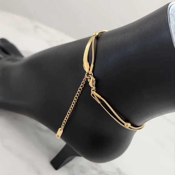 Double Layer Gold Plated Round Beads Blade Anklet - Picture 10 of 13